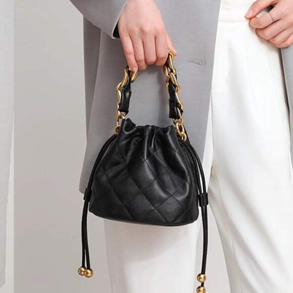 Neiman Marcus Lambskin Leather Small Top Handle Bucket Bag - Picture 6 of 6